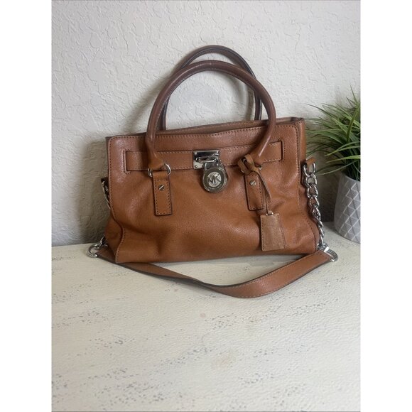 MICHAEL KORS Hamilton Medium BrownLeather Satchel Tote Purse Bag Silver Hardware